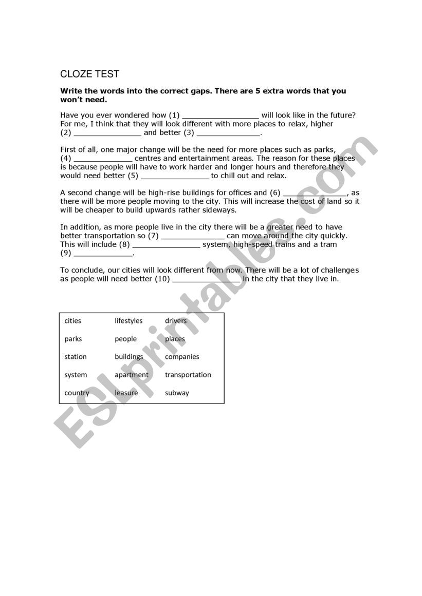 Cloze test for B1+ worksheet