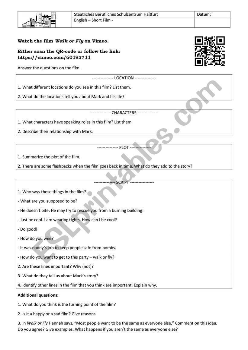 Short Film: Walk or Fly  worksheet