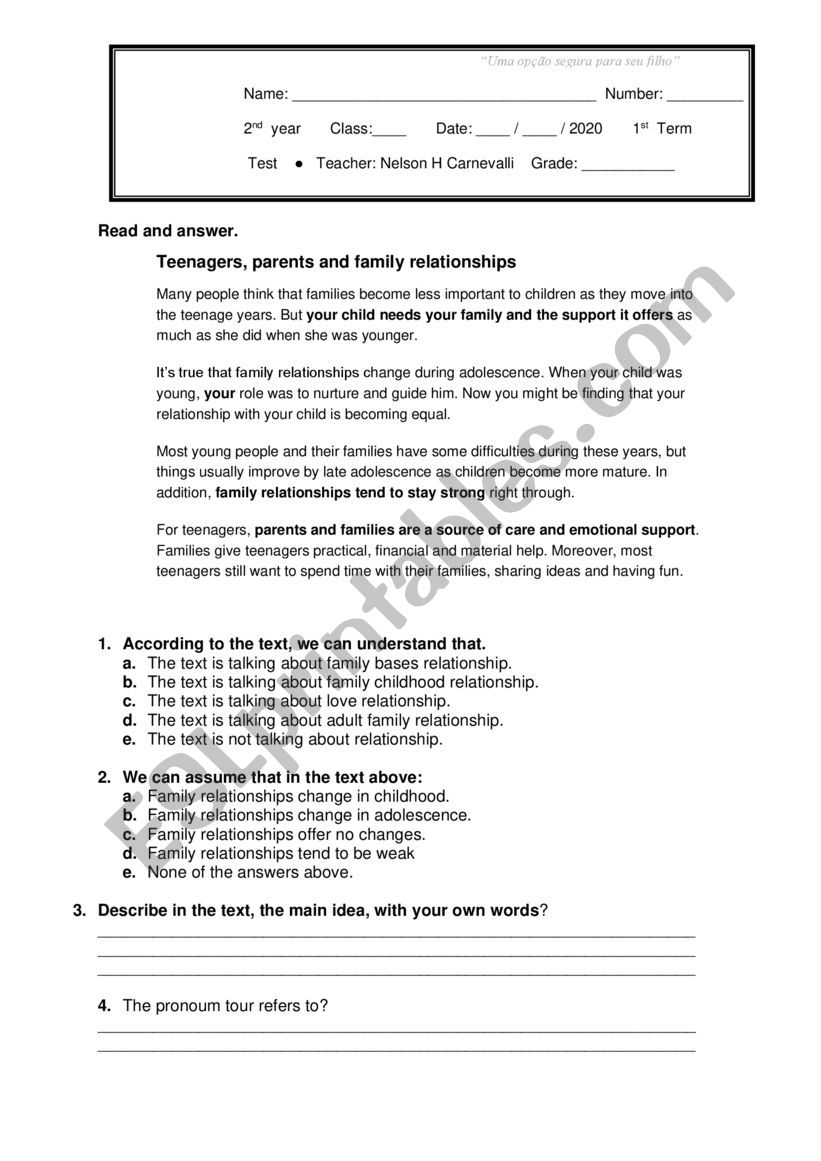 Test High school 2nd grade worksheet