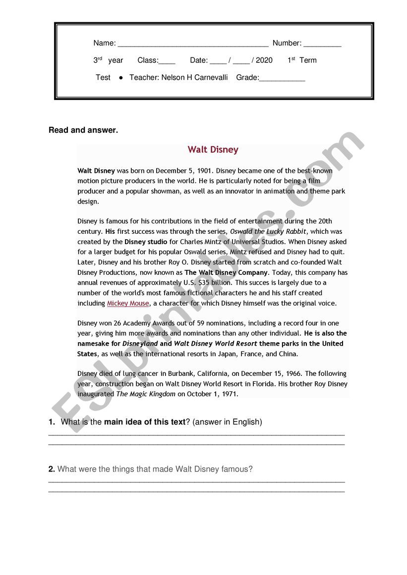 Test High school 3rd grade worksheet