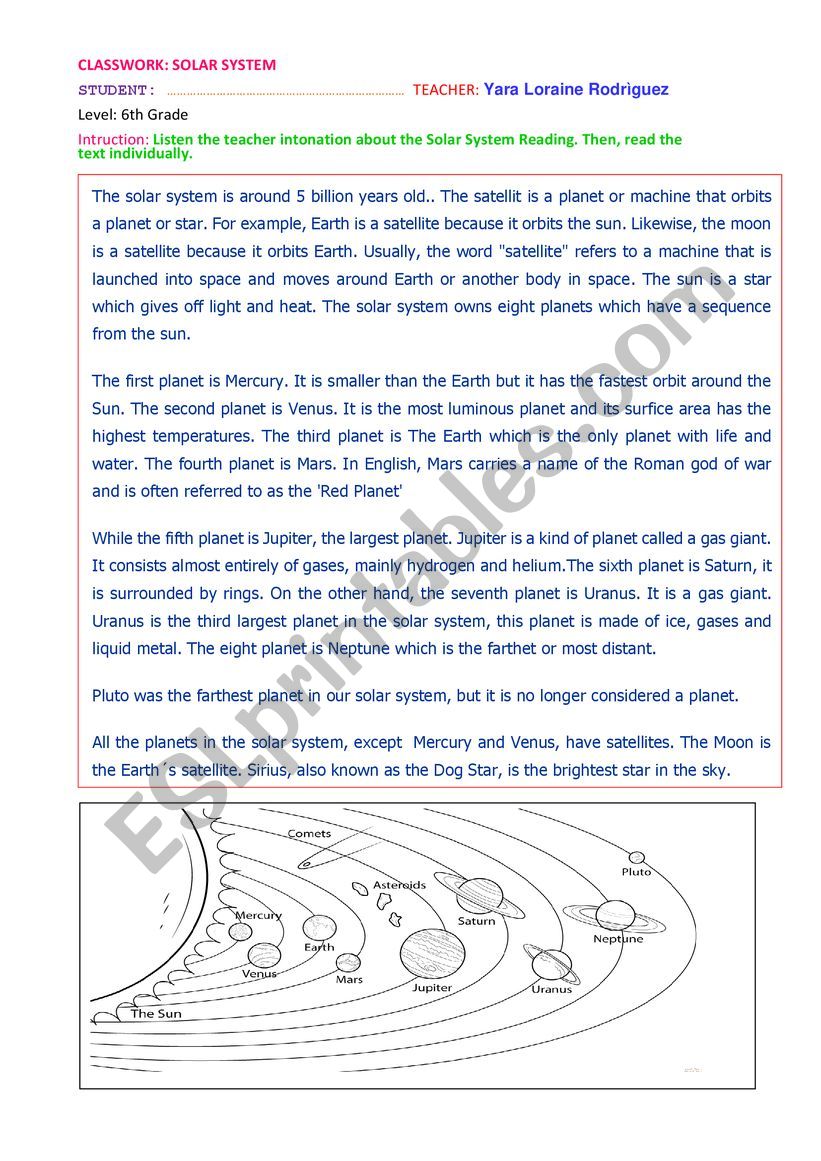 SOLAR SYSTEM CLASSWORK  worksheet