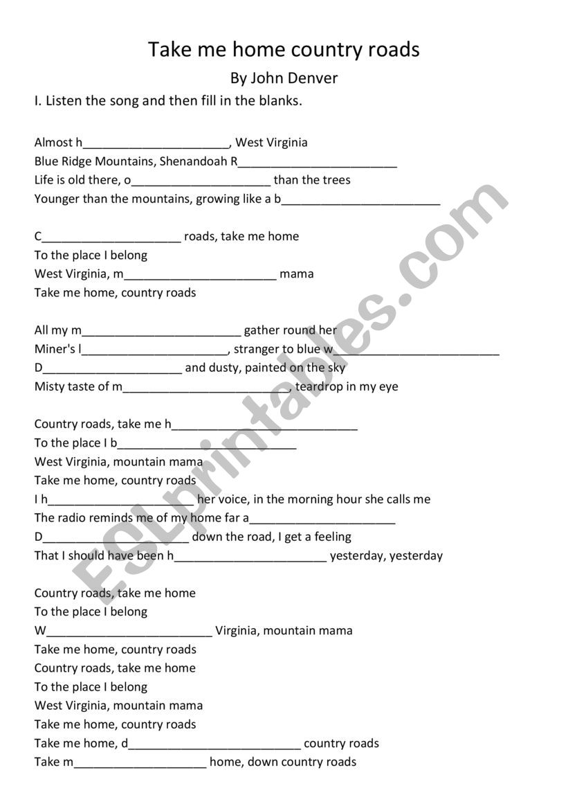 Take me home country roads worksheet