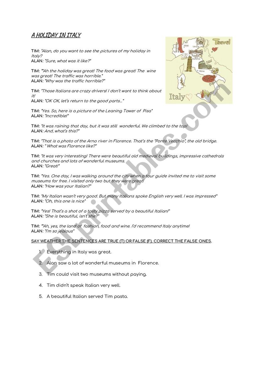A HOLIDAY IN ITALY worksheet
