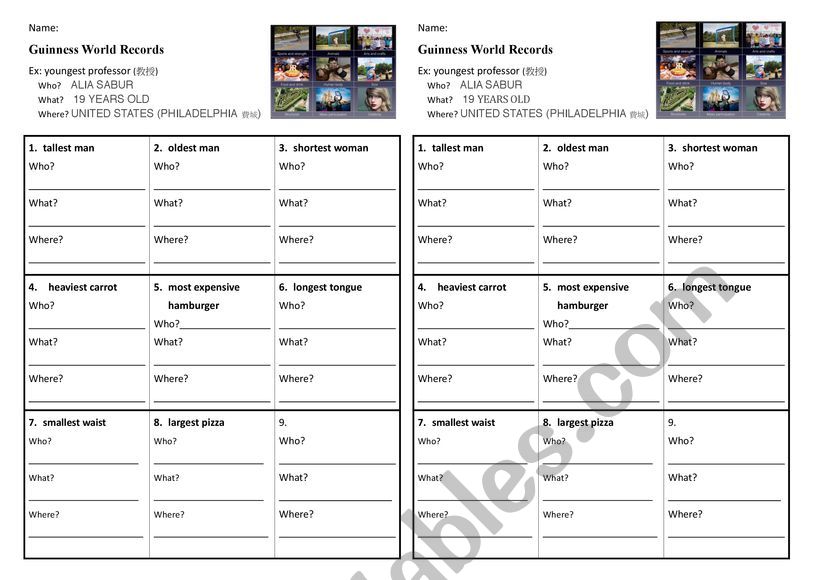 guiness world records worksheet