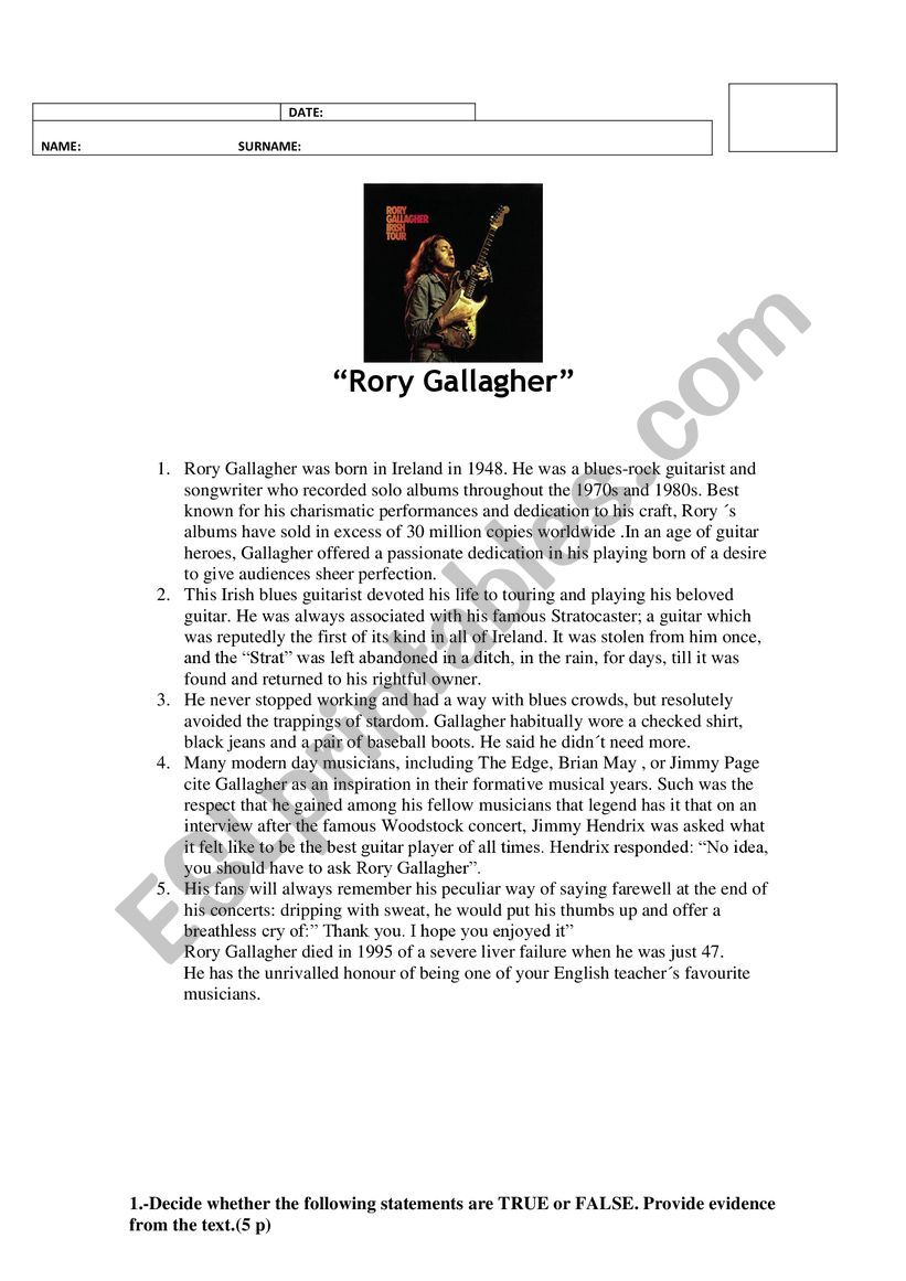 Rory Gallagher worksheet