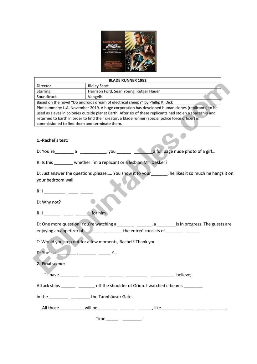 BLADE RUNNER 1982 worksheet