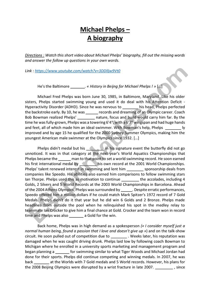 Michael Phelps - A biography worksheet