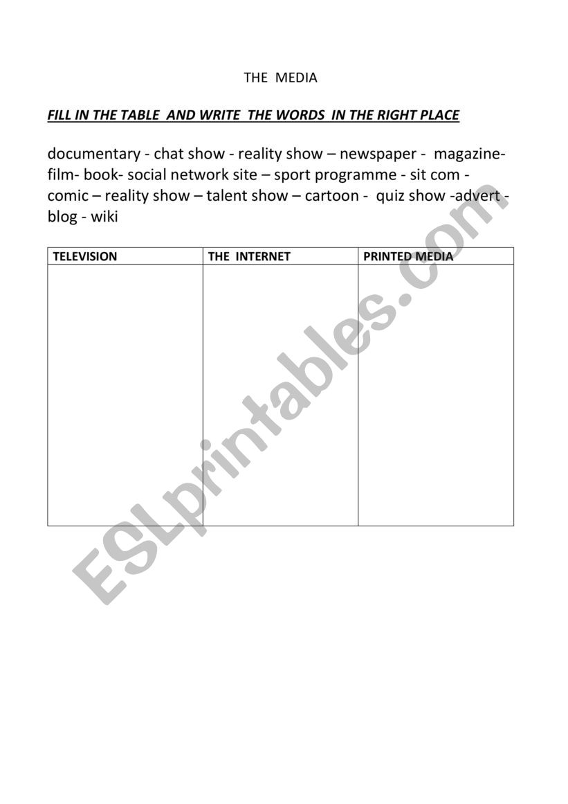 THE MEDIA  worksheet