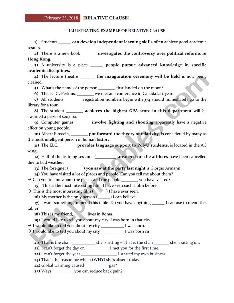 Example of reducing clause worksheet