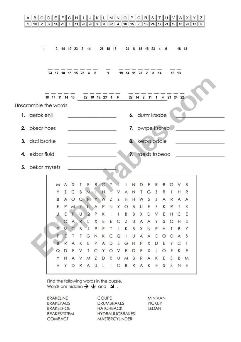 Brake system - car worksheet