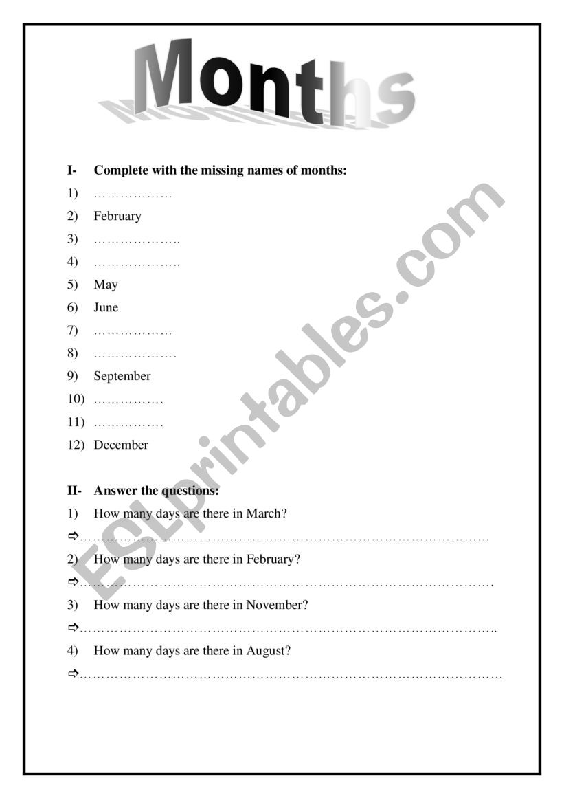 Months worksheet