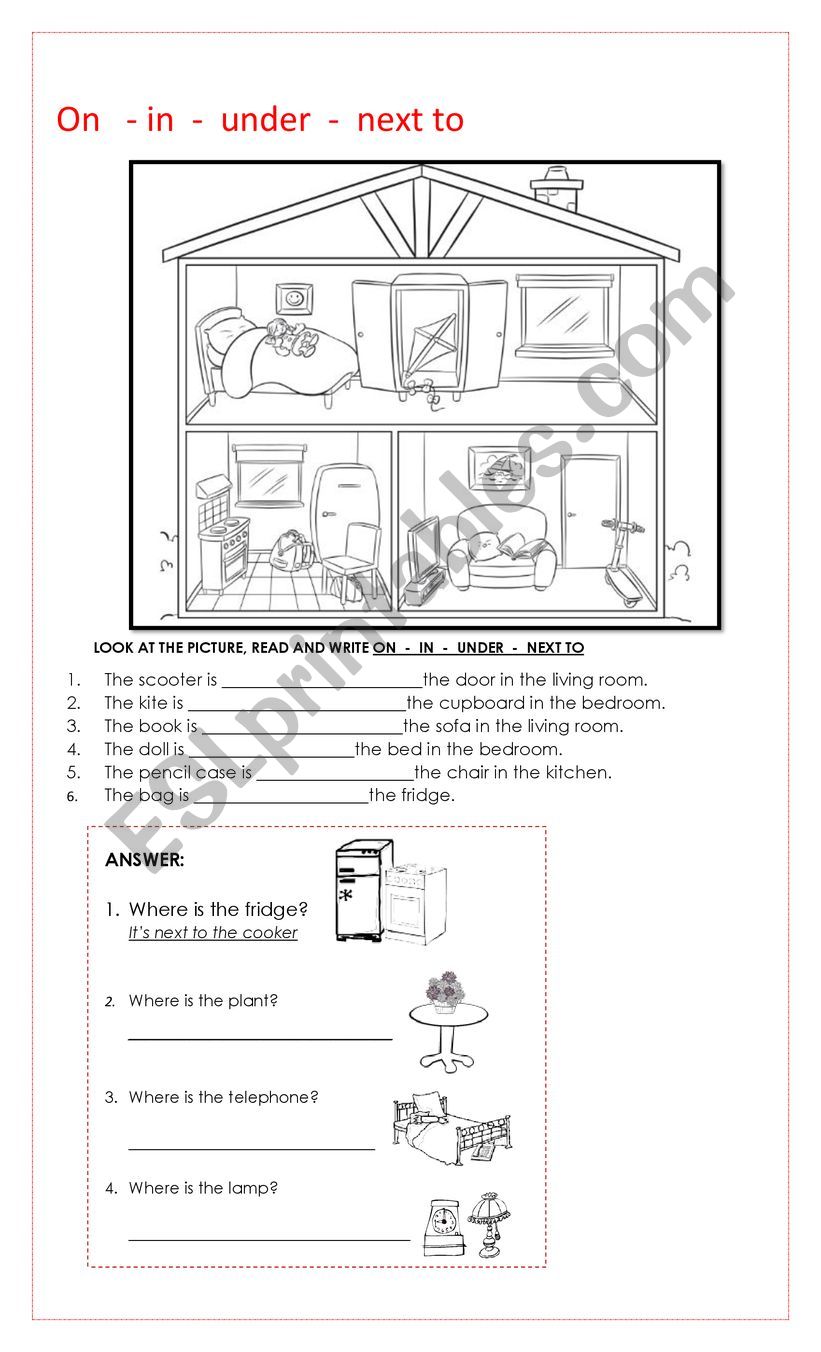 prepositions on in under next to