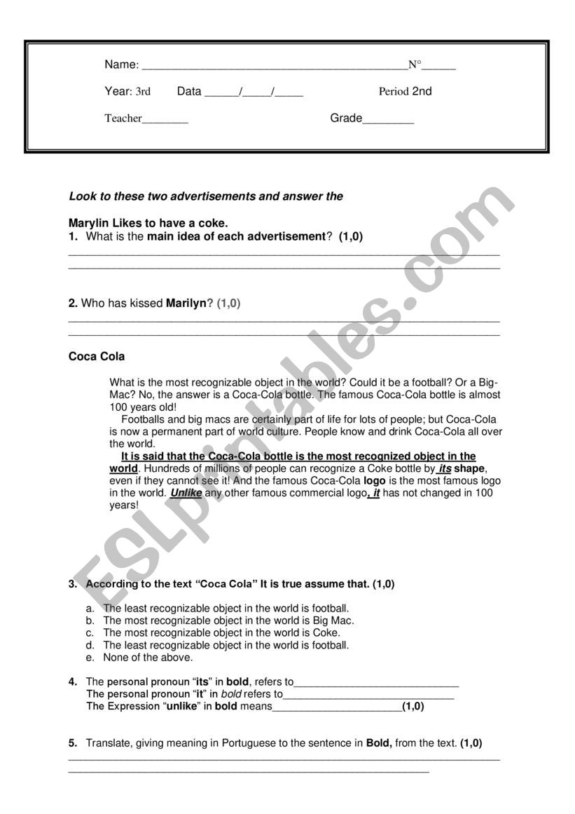 3rd year intermediate test for High School