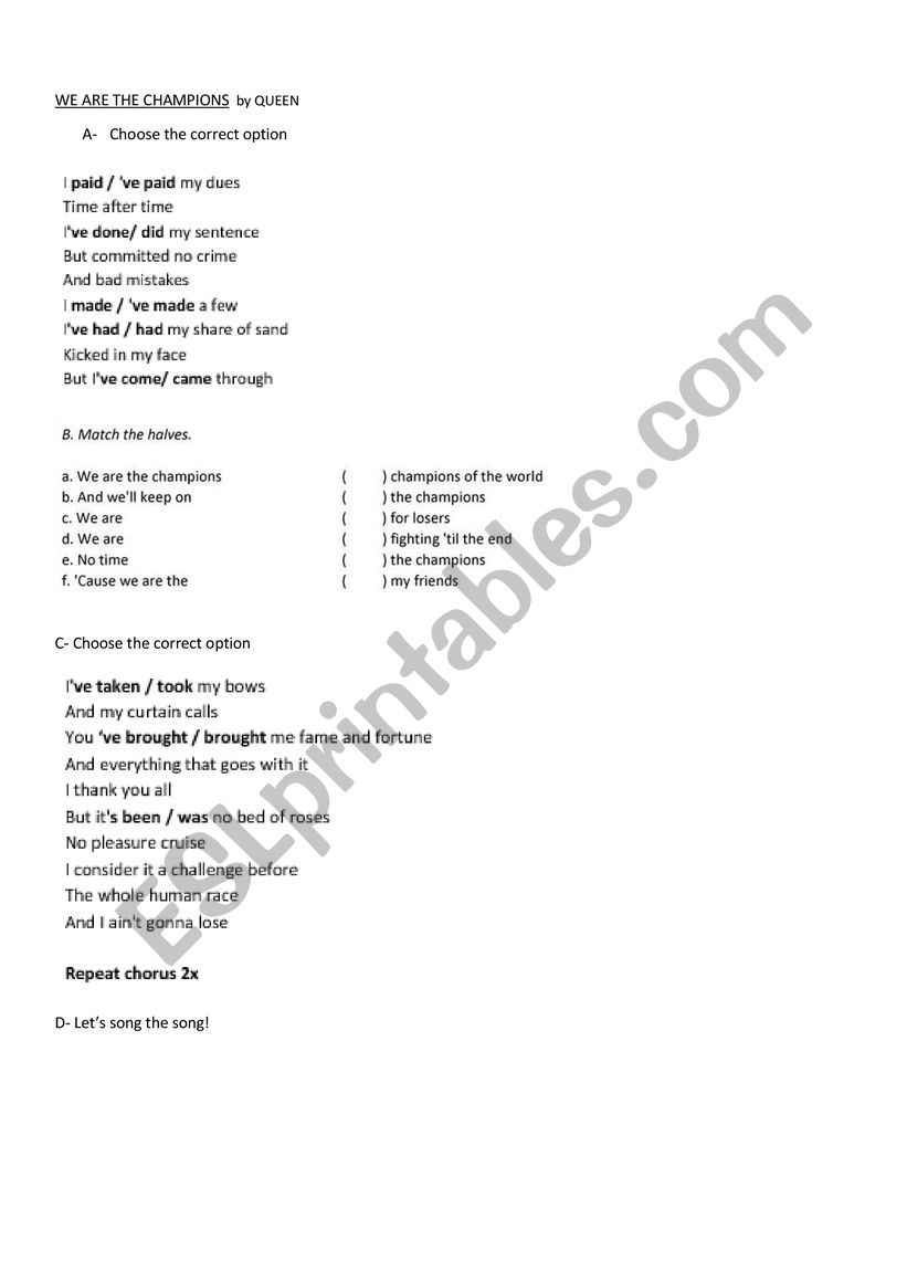WE ARE THE CHAMPIONS worksheet