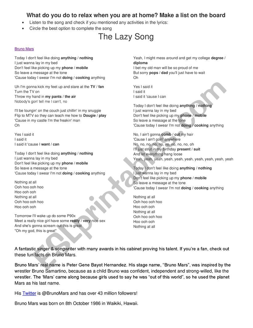 The Lazy Song Bruno Mars worksheet