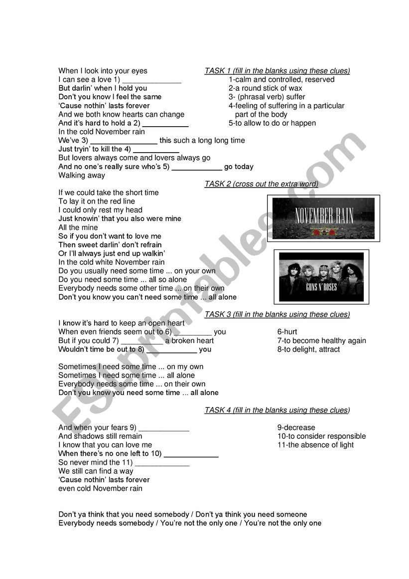 November Rain worksheet