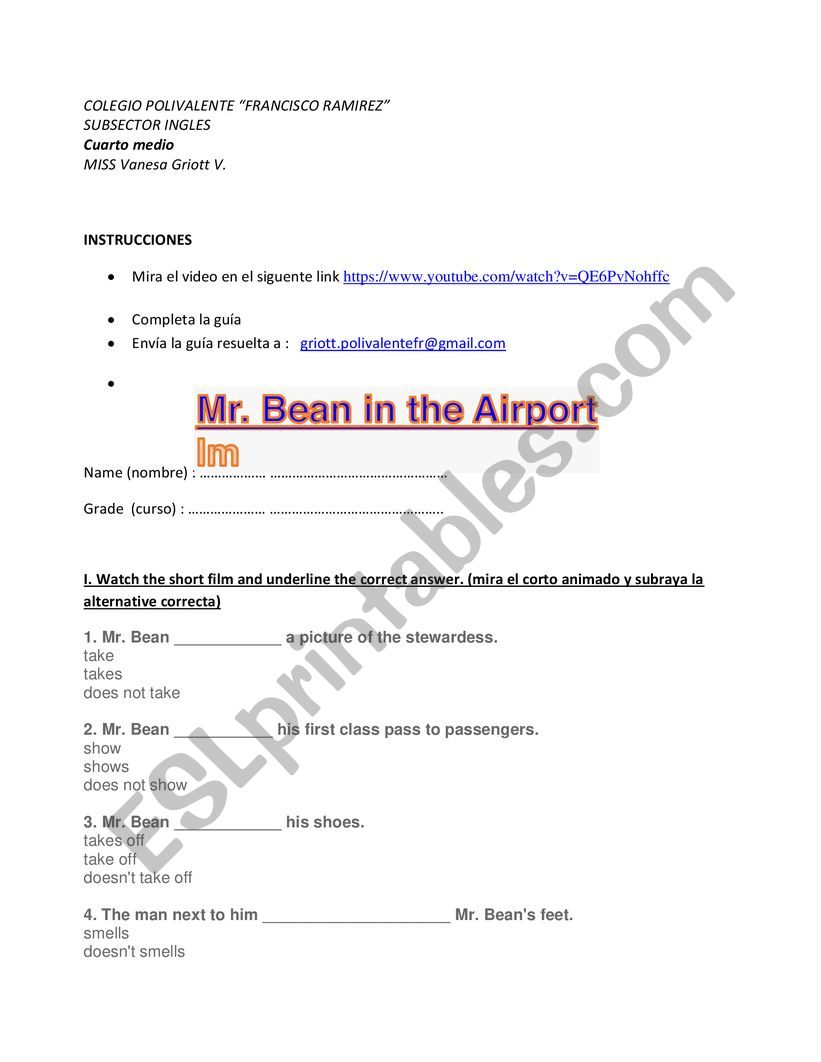 mr. Bean at the airport worksheet