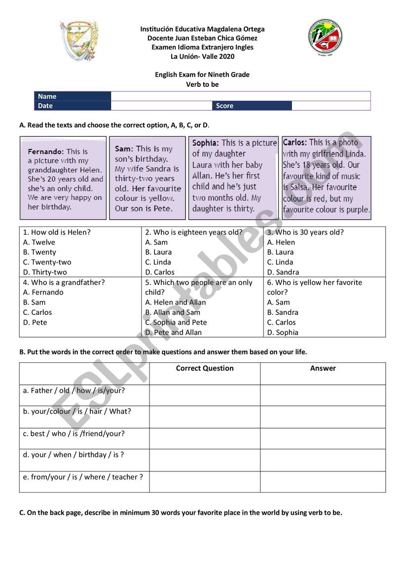 Verb to be reading and writing test