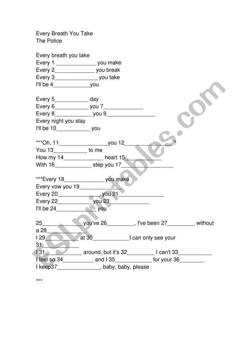 EVERY BREATH YOU TAKE worksheet