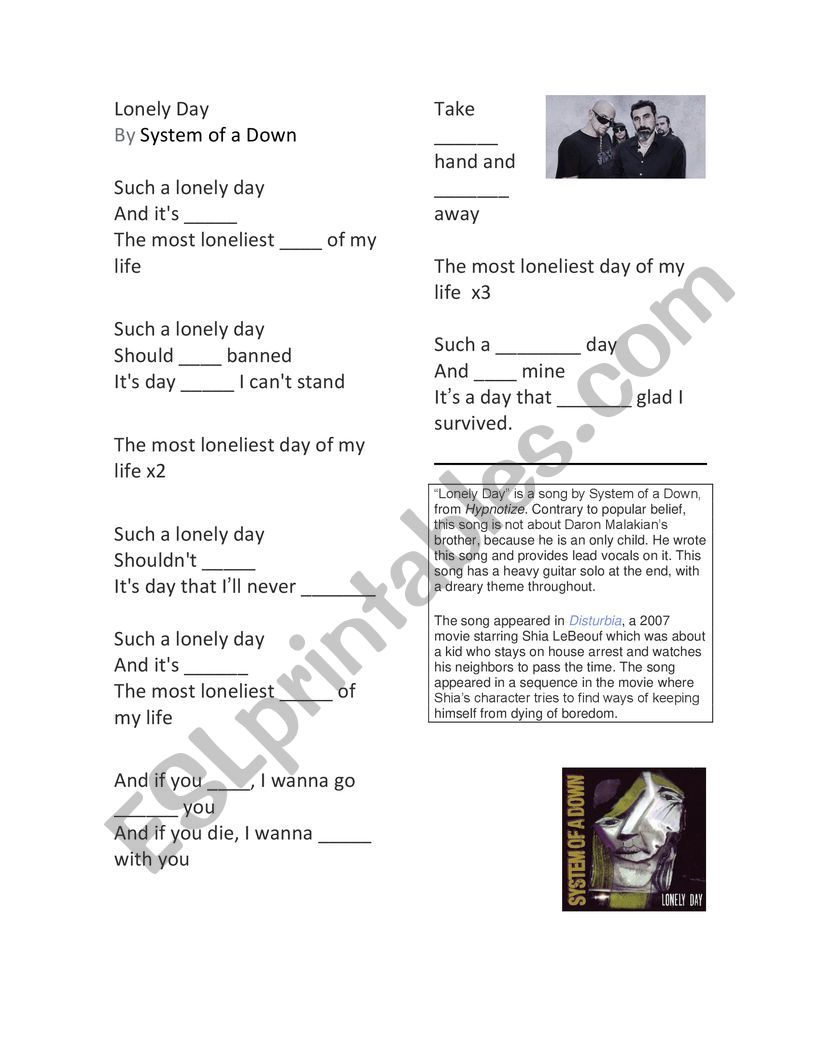 Lonely day - System Of A Down worksheet