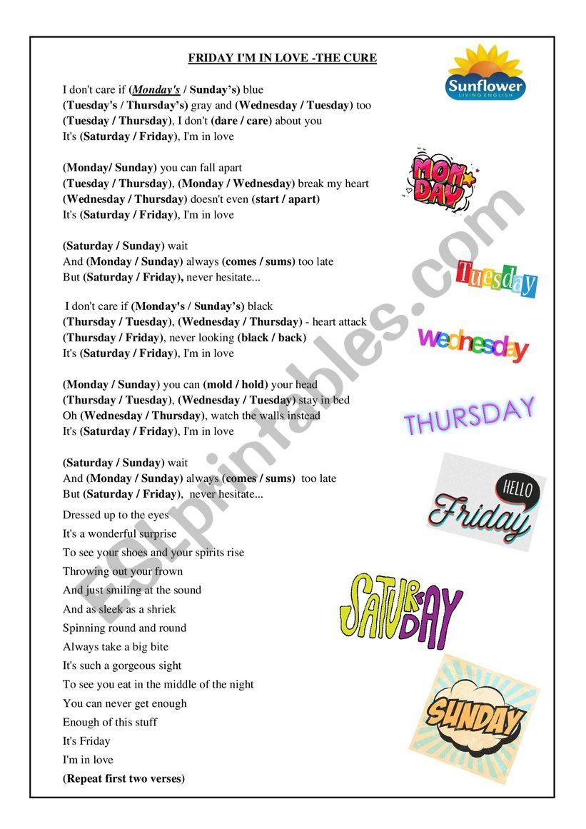 Friday I�m in love worksheet
