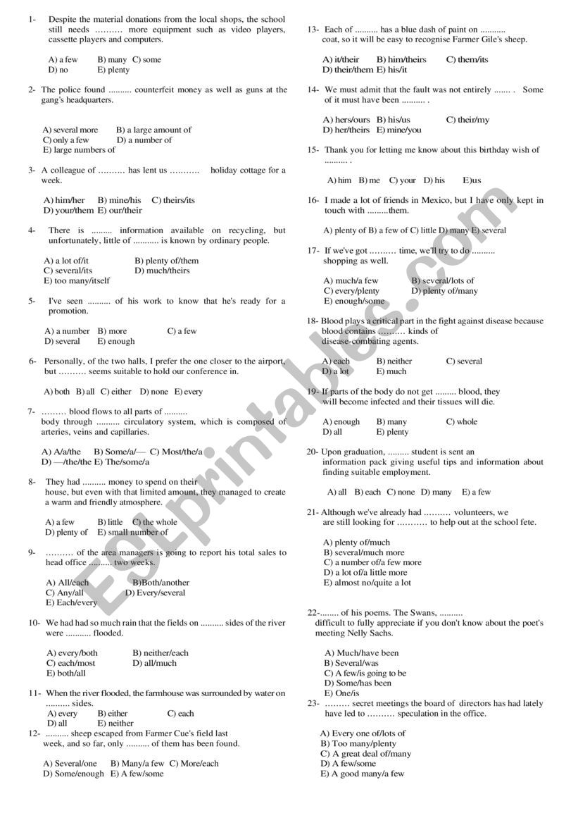 Nouns-Articles-Quantifiers-Pronouns-multiple choice test with answers