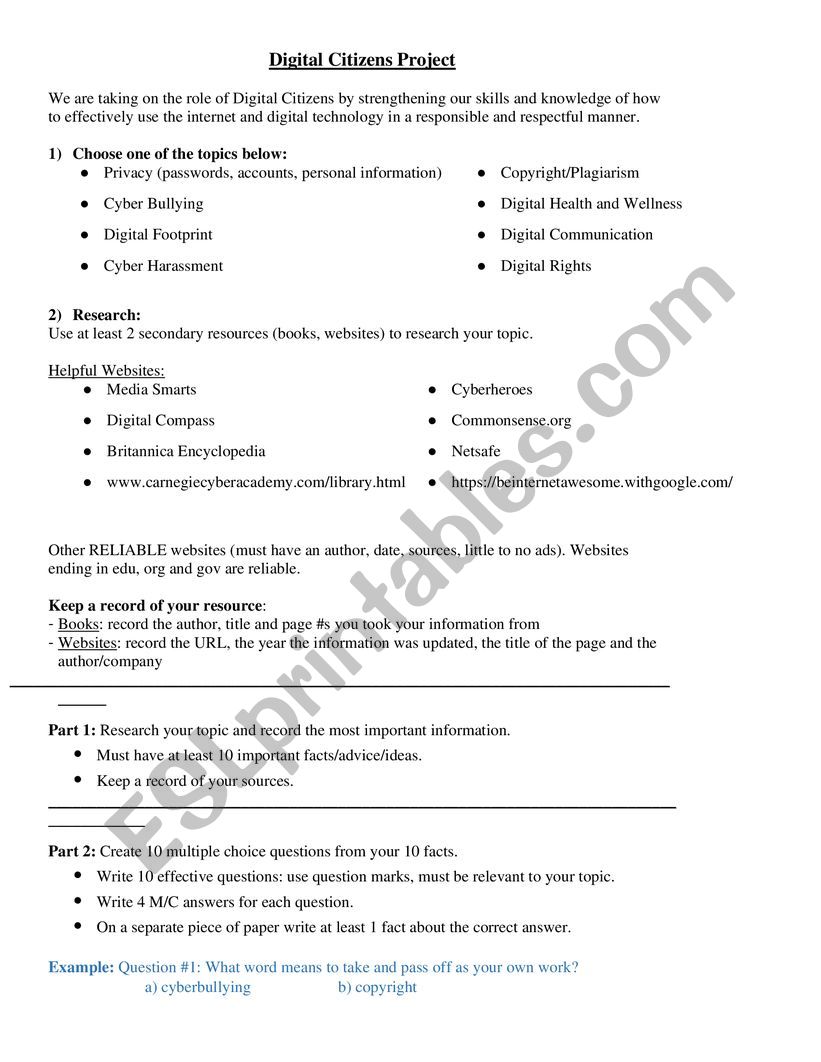 Digital Citizenship Project worksheet