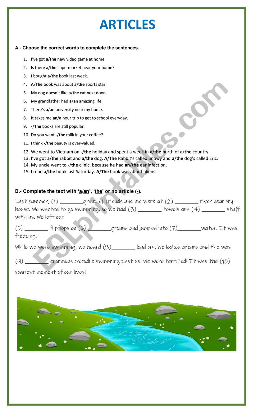 Articles worksheet