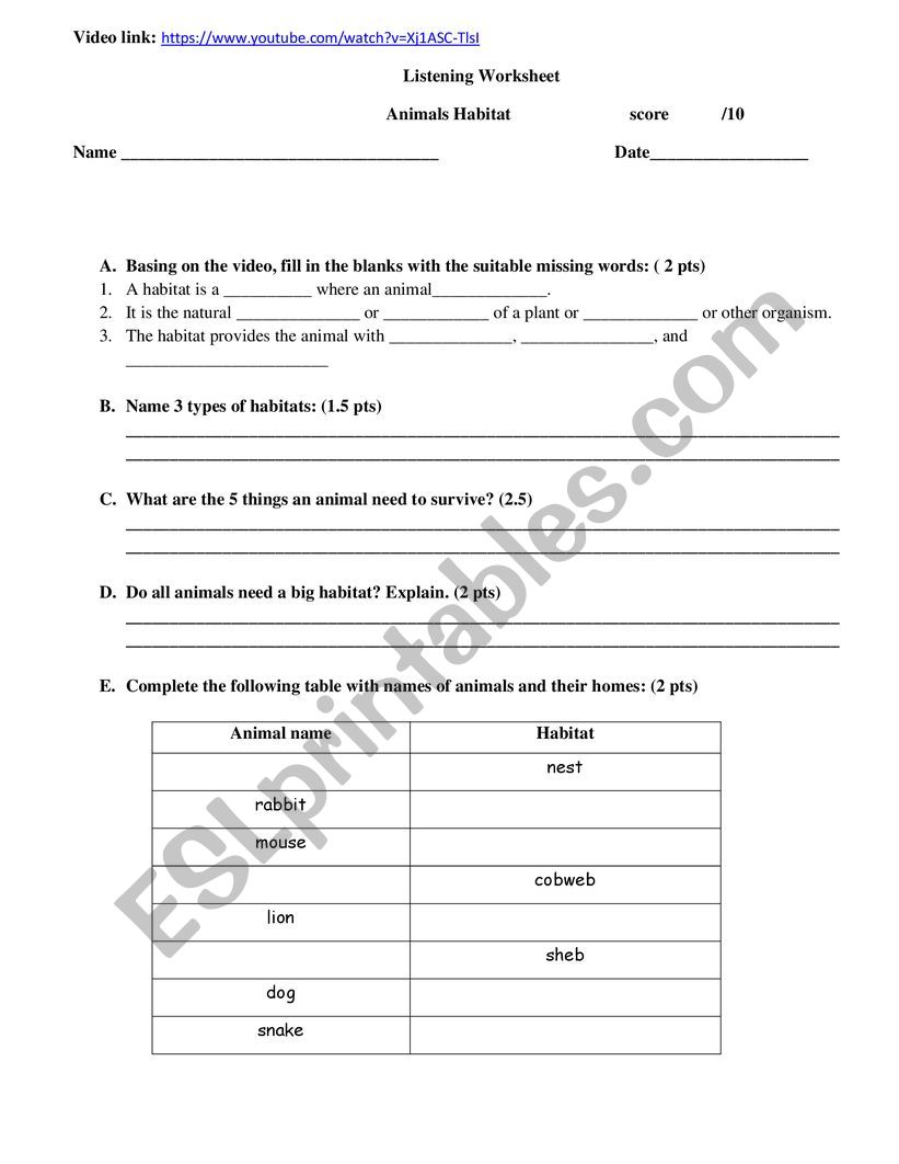 Animals Habitats worksheet