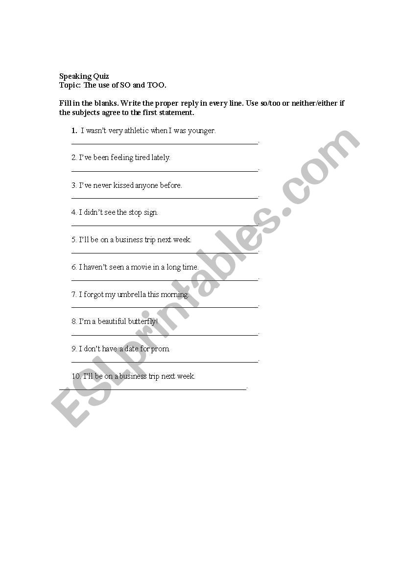 Use of So and Too worksheet