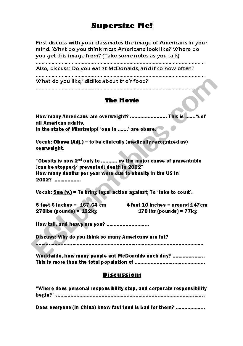 Supersize Me Part One worksheet