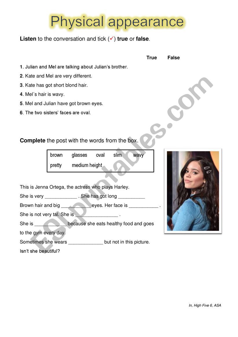 Physical appearance worksheet