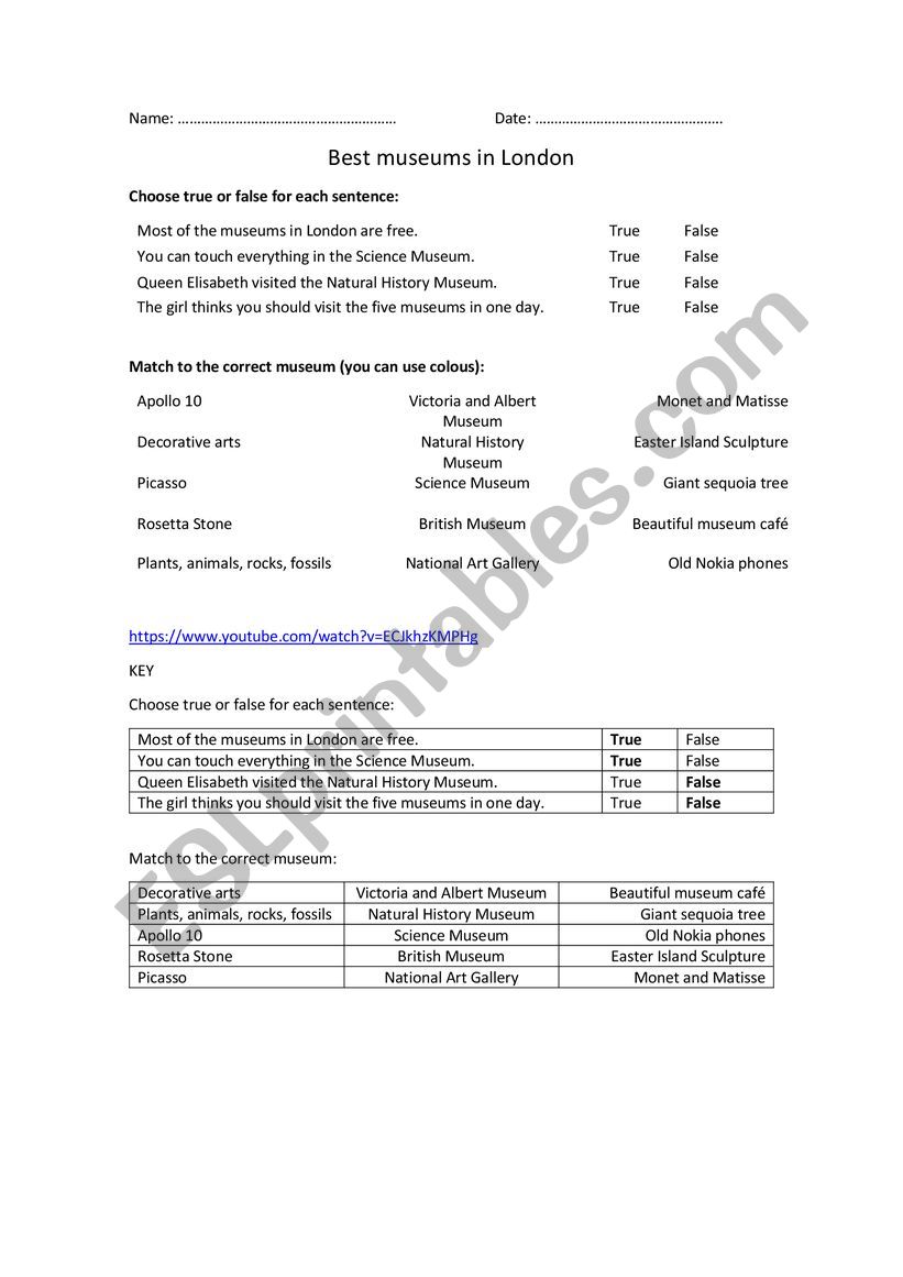 Best Museums in London Video  worksheet