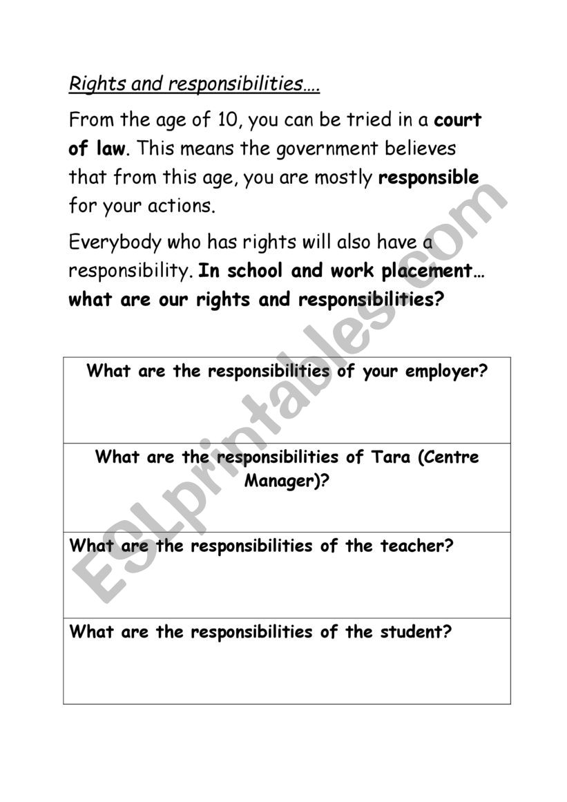 Rights and Responsibilities - ESL worksheet by NHynes25 With Regard To Rights And Responsibilities Worksheet