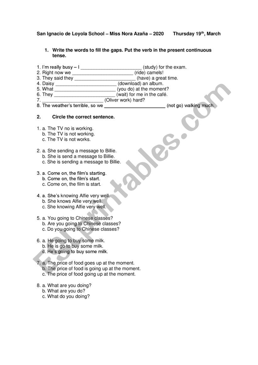 Present Continuous exercises worksheet