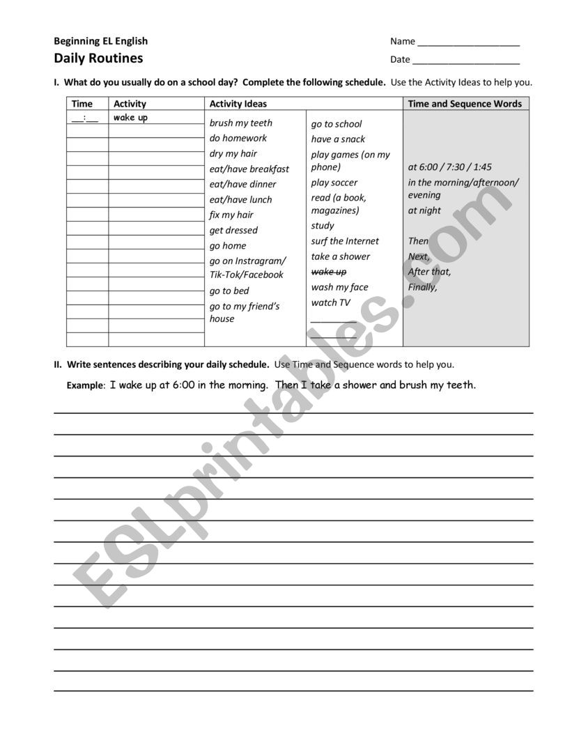 Daily Routine Worksheet worksheet