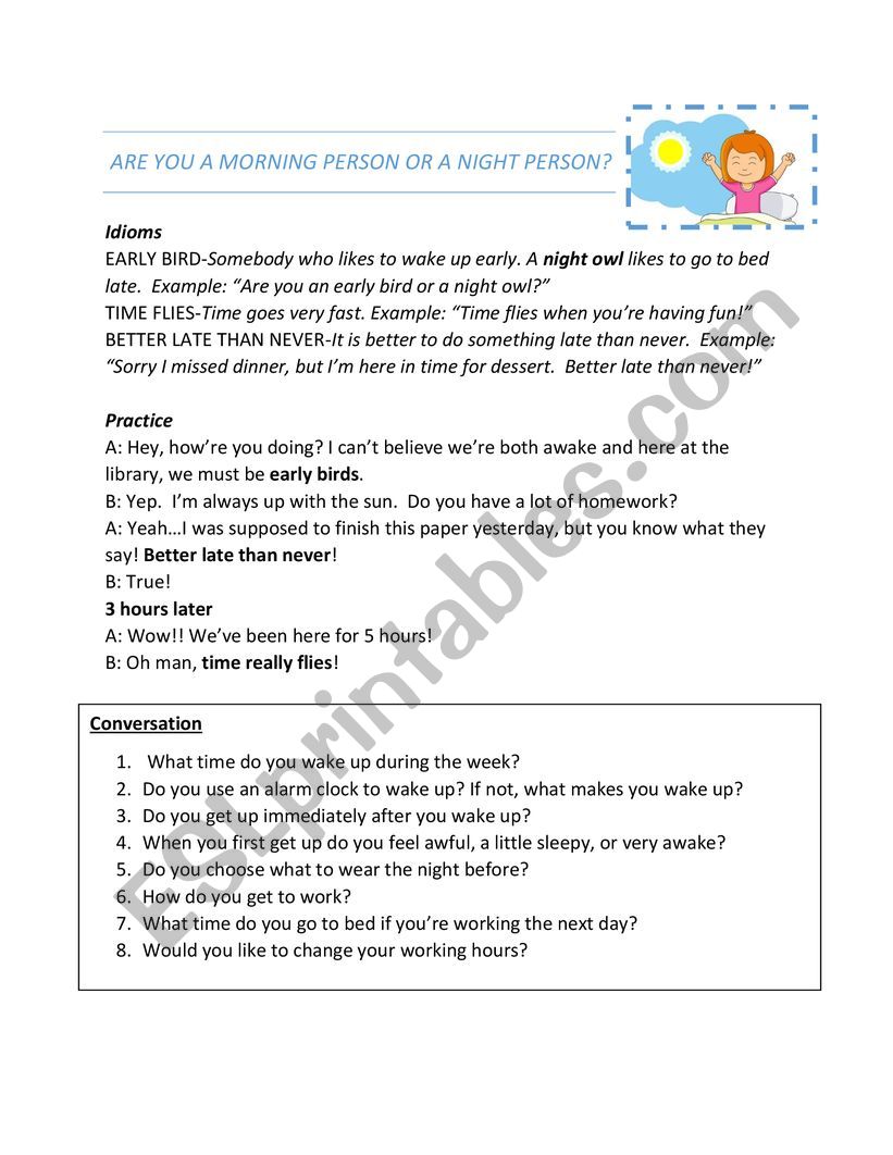 Time Idioms Conversation worksheet Time Idioms Conversation worksheet