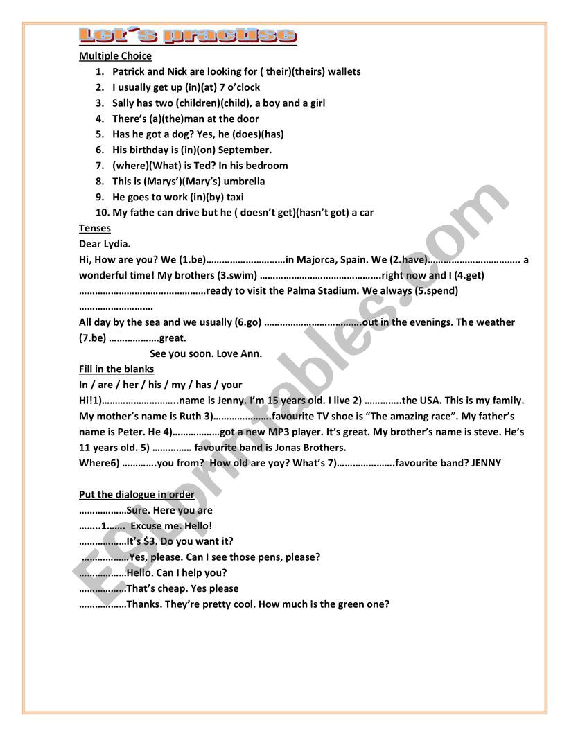 Lets preactise worksheet