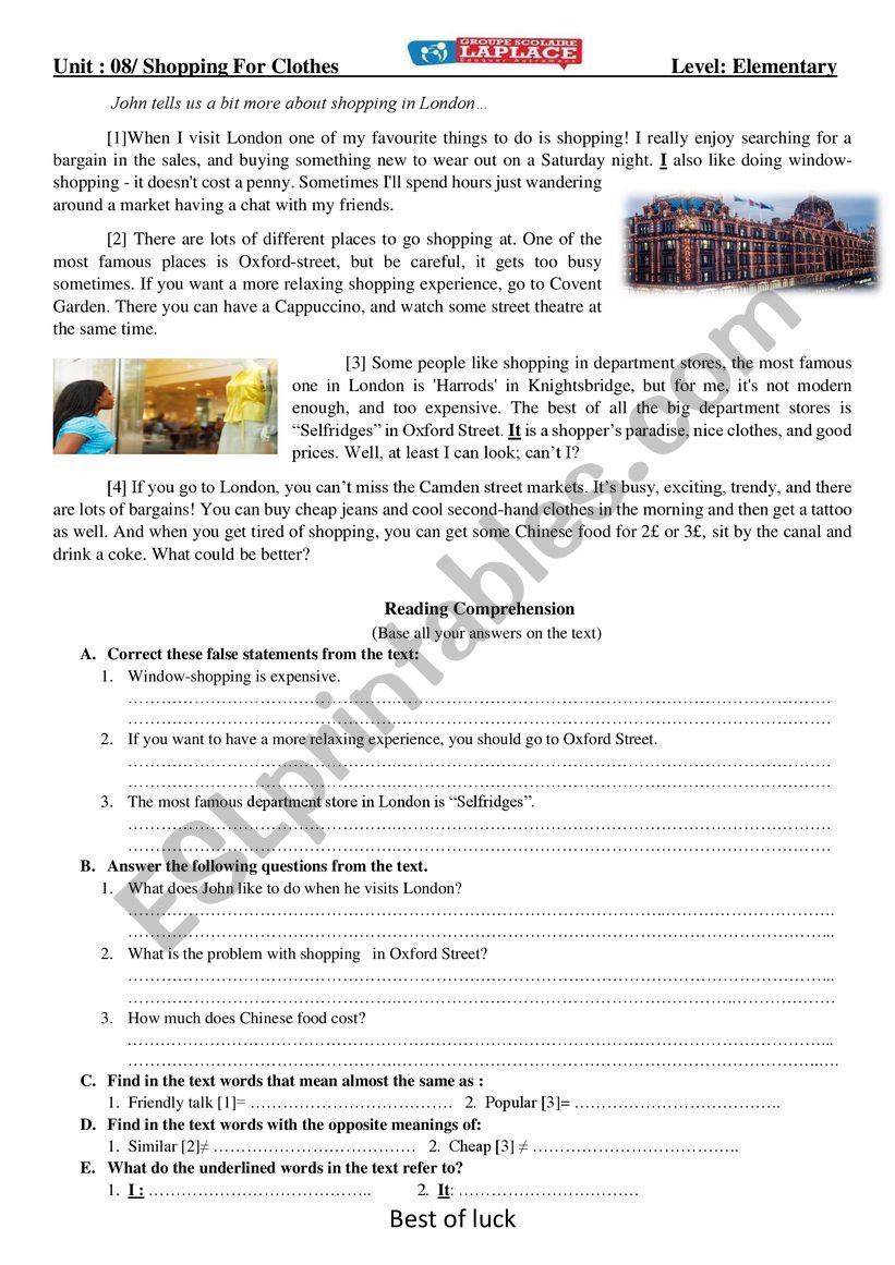 Shopping in London worksheet
