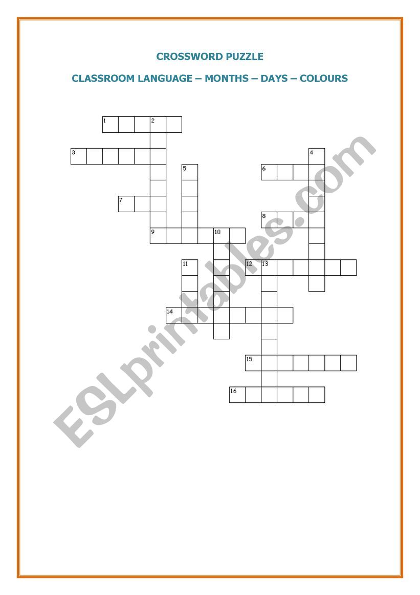 Crossword Puzzle - Days, Months, Classroom Language, Colours