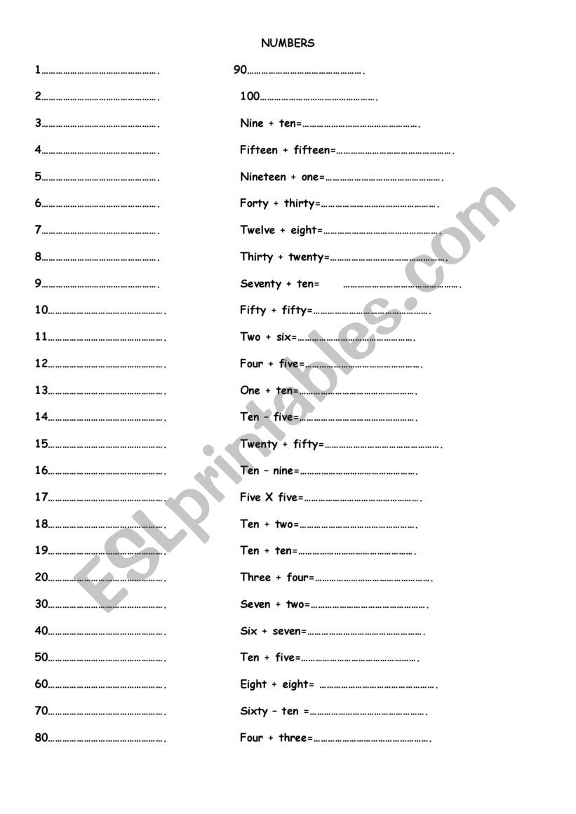 numbers worksheet