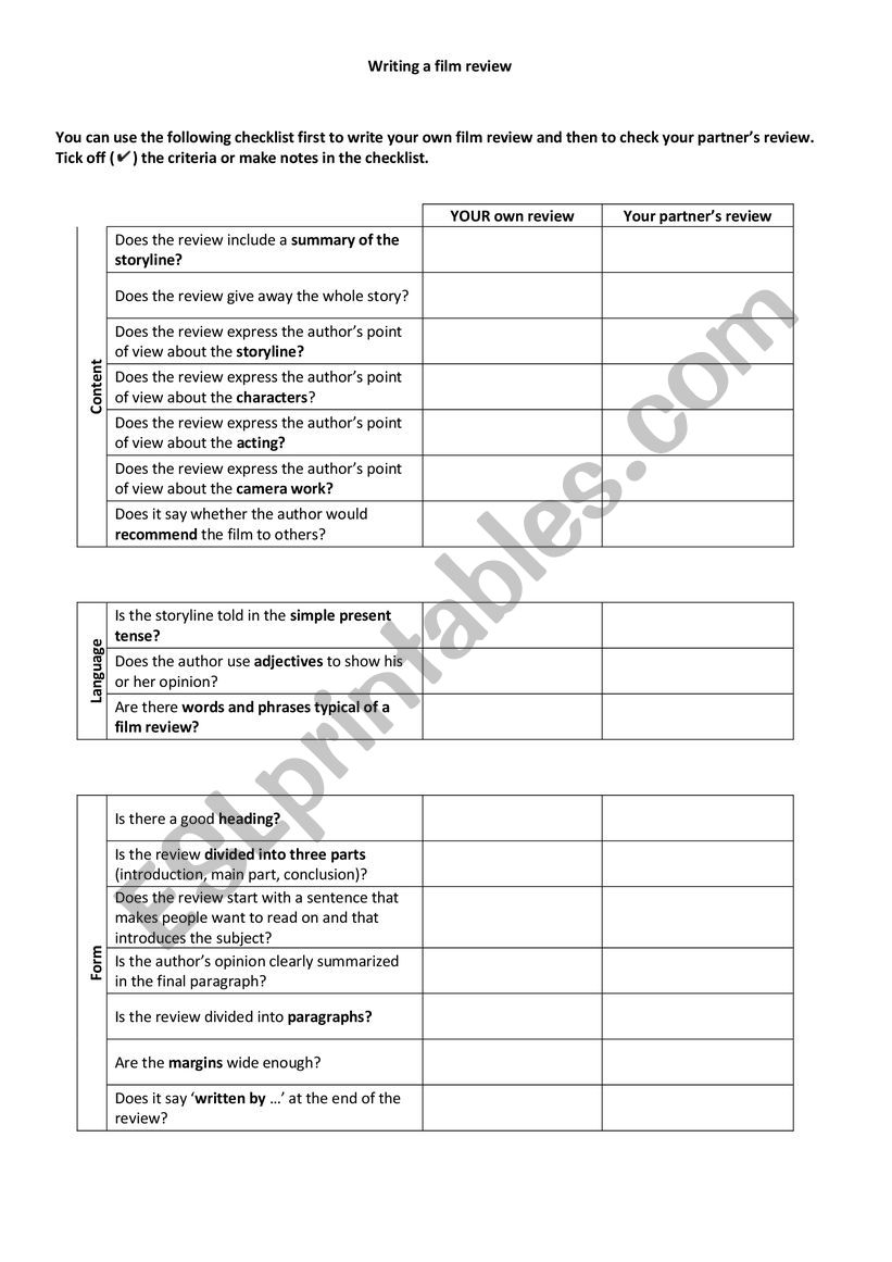 Writing a film review worksheet