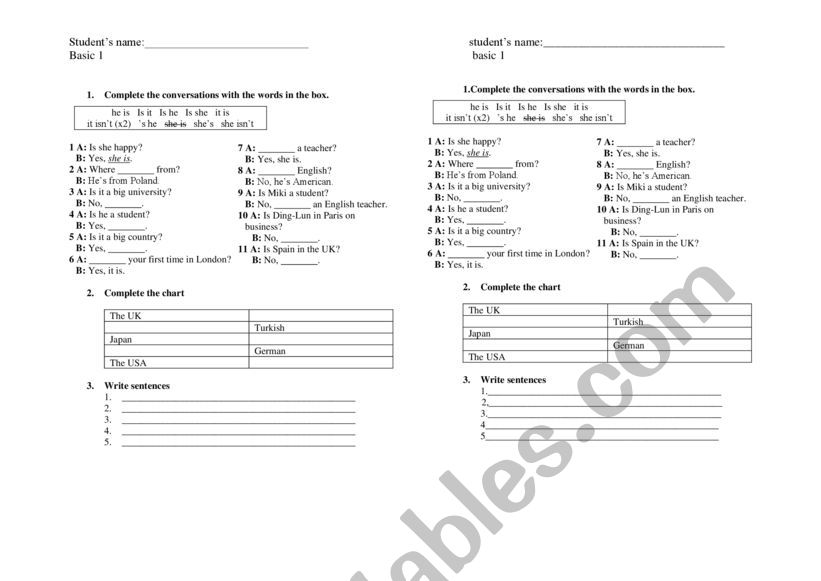 verb to be worksheet