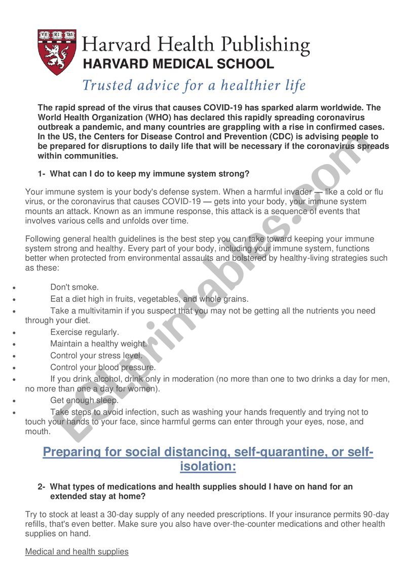 COVID-19 Safety Instructions worksheet