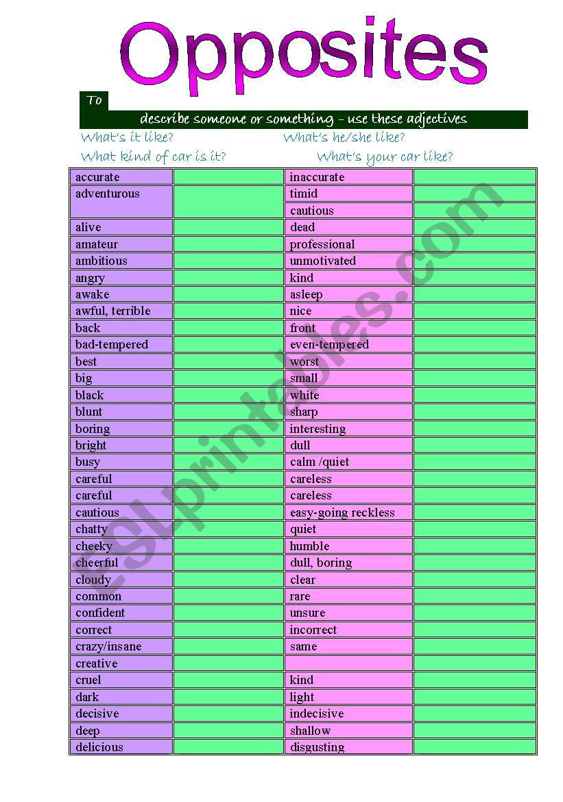 List of opposites Elementary-Pre-Intermediate