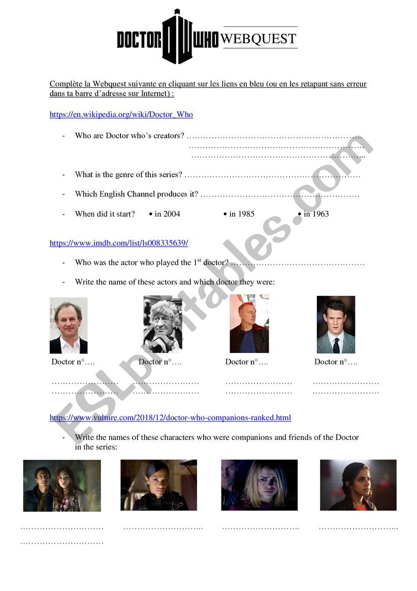 Doctor Who Webquest page 1 worksheet