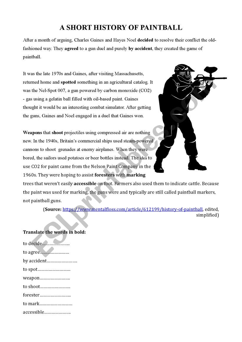 SHORT HISTORY OF PAINTBALL worksheet