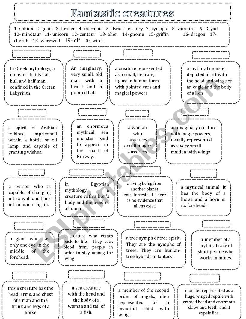 mythological creatures  worksheet