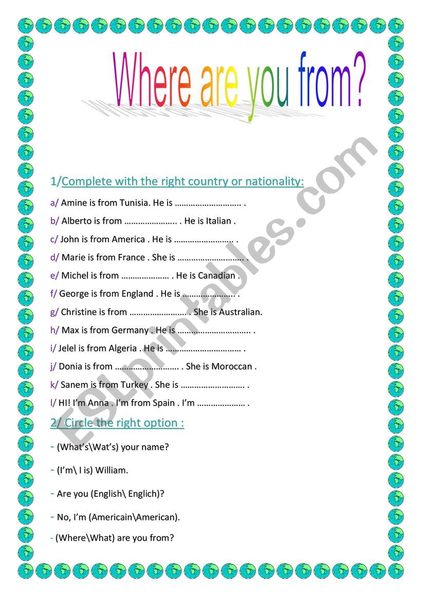 Where are you from? worksheet