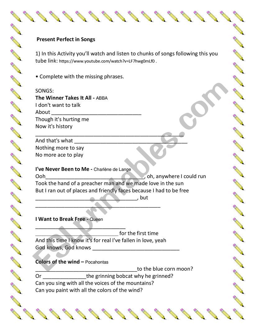 Present perfect in songs worksheet